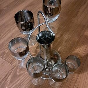 MCM Silver Fade Dorothy Thorpe Decanter & Wine Glass Set on Spiral Stand 1960s